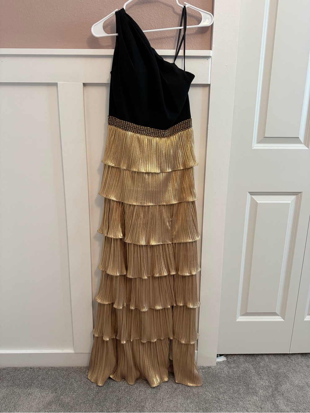 Mac Duggal Black Bodice with Gold Tiered Pleated Skirt Maxi